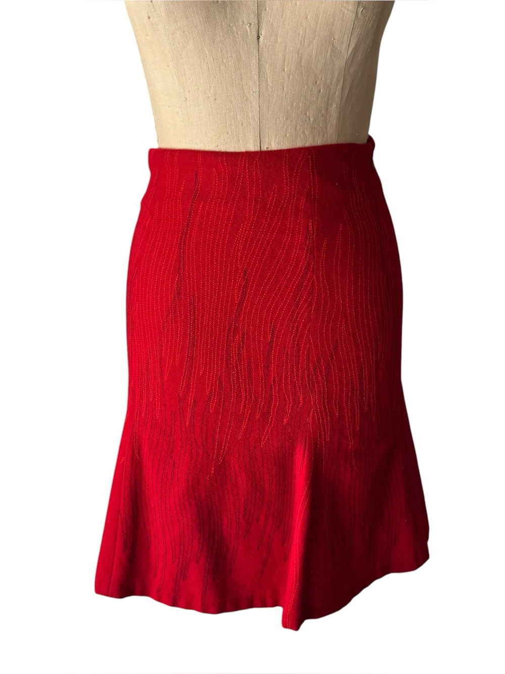 Vintage 90s The Wrights Red Embroidered Wool Midi Skirt